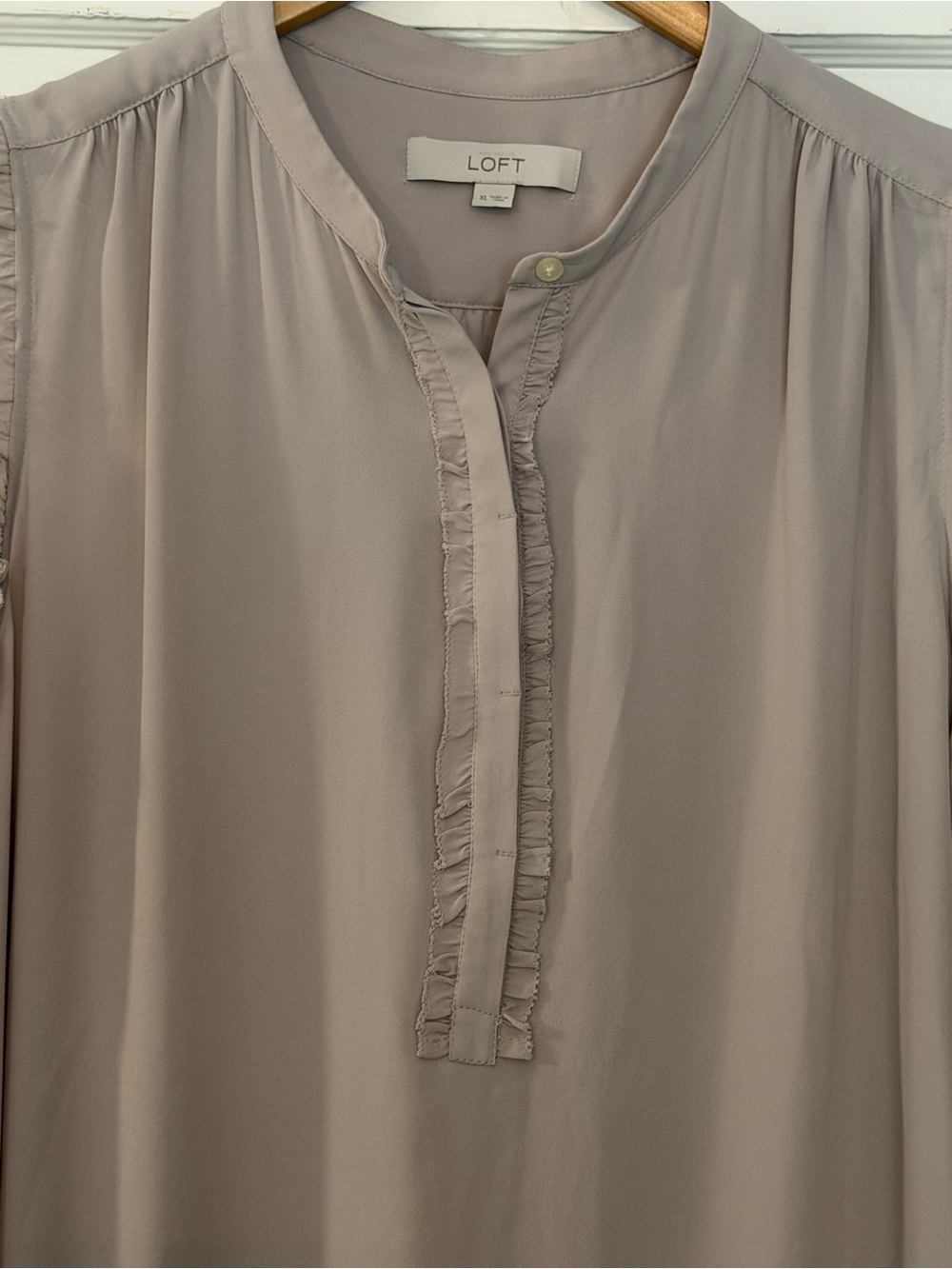 LOFT Sleeveless Ruffle-Trim Blouse in Soft Taupe/Greige